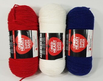 NIP lot of 3 skeins Red Heart cherry red white soft navy blue yarn 7 ounces / 364 yards each