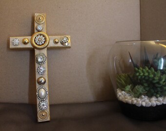 Gold Wooden Cross Adorned with Beautiful Vintage Rhinestone Jewelry