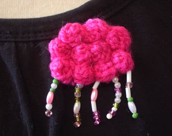crocheted pink and rainy cloud brooch