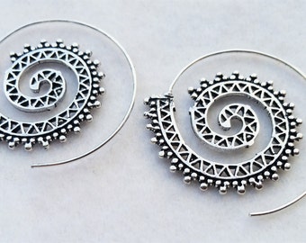 Silver Spiral Earrings, Silver Earrings, Spiral Earrings, Earrings, Boho Earrings, Tribal Jewellery, Ethnic Jewellery, Silver Jewellery