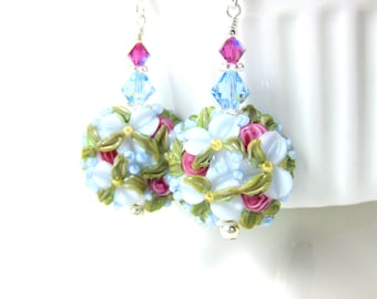 Baby Blue Floral Earrings, Nature Earrings, Floral Jewelry, Blue Pink Lampwork Earrings, Flower Earrings, Pastel Glass Earrings, Botanical