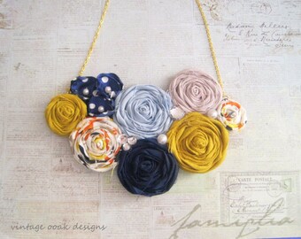Nautical Gold & Navy Statement Necklace, Rosette Statement Necklace, Gold and Navy Necklace, Rolled Rosette Bib Necklace, Summer Fashion