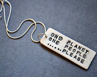 Black and White Porcelain Necklace- One Planet, One People, Please
