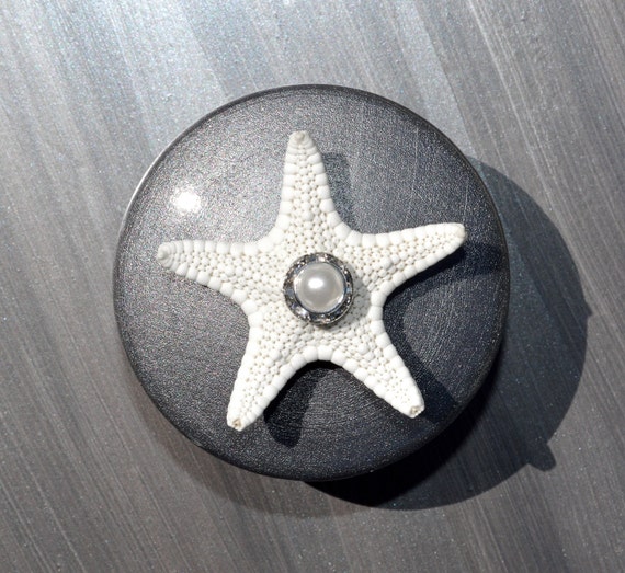 Silver Seashell Cabinet knobs or Drawer Pulls with pearl and crystal embellishment
