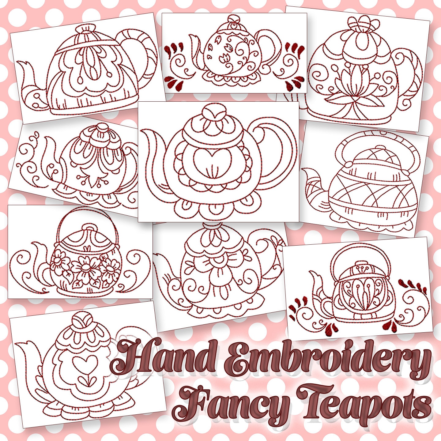 Sale hand embroidery patterns fancy teapots in 4 sizes pdf