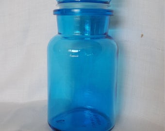 Vintage Cerulean Blue Glass Apothecary/Storage Jar with Bubble Lid and Plastic Seal, Made in Belgium D165