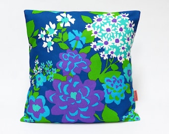 Blue Retro Pillow Cover, vintage fabric throw pillow, floral mid century cushion cover, designer pillow, accent pillow, Handmade by EllaOsix