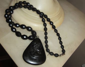 Victorian Carved Whitby Jet & Vulcanite cameo Pendant Necklace