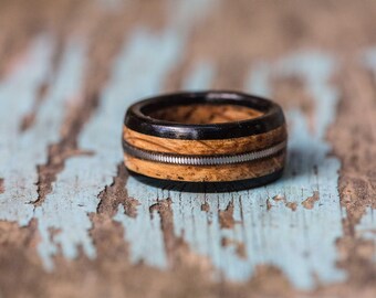 Tennessee Whiskey Barrel and Ebony Ring with Guitar String Inlay - Mens Wedding Band Womens Ring Anniversary Gift Wood Engagement Ring
