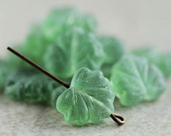 Maple Leaf Glass Beads, Czech Glass Beads, Glass leaf Beads, Matte Green, 11x13mm (20pcs) NEW