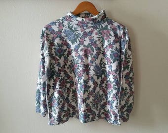 90s Floral Turtleneck Shirt - Size Large - Womens Turtleneck Long Sleeve Shirt - Flower Print Shirt - Long Sleeve Tee - 90s Vintage Blouse