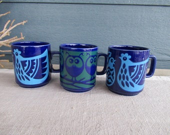 Vintage Hornsea Ceramic Coffee Mug, Chicken and Owl Design, John Clappison, 70's Graphic Mod Mugs