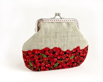 Red cherry linen purse, Fruit Berries Wallet Clasp Frame