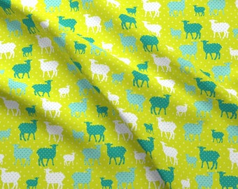 Polka Dot Lambs Fabric - Modern Whimsy Lambs Citron Blue By Lauriewisbrun - Polka Dot Lambs Farm Cotton Fabric By The Yard With Spoonflower