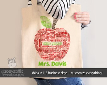 teacher tote bag - apple word collage name grade personalized teacher tote bag end of year teacher gift teacher appreciation MSCL-045-B