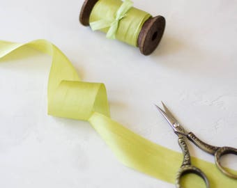 Chartreuse Green Hand-Dyed Silk Ribbon (with Wooden Spool) - 5 yards - 1.25" wide