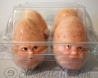 OOAK Fantasy sculpture, pack of magic eggs with caricature face, figurative art, sweet and fearful creatures, sculpture egg head
