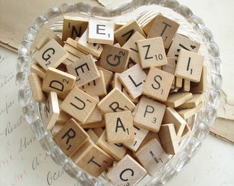 Bulk Scrabble Tiles. Lot of 50 Vintage Wood Scrabble Letters. Upcycled Eco Friendly Altered Art Repurposed Jewelry Crafting Destash Supplies