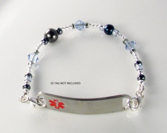 Medical ID Bracelet, alert bracelet, Pearl Blue bracelet attachment, allergy alert bracelet