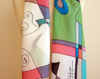 Hand Painted Silk Scarf. Miro style silk scarf. Hand Painted Silk Shawl.Wedding Gift. Silk Art. 55"x18" (140x45 cm) Ooak scarves