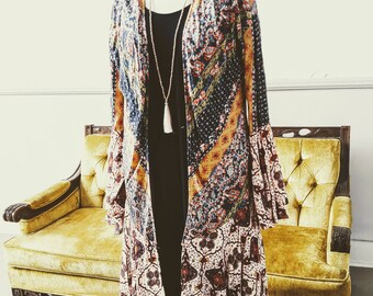 Boho long kimono duster with bell sleeves