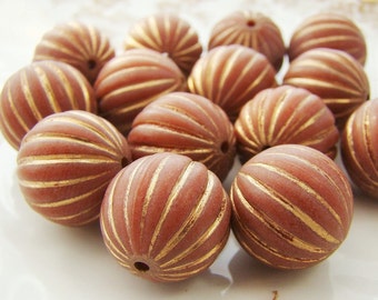 Vintage Large 14mm Russet Brown Gold Ribbed Melon Matte Lucite Beads - 6