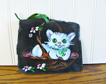 Vintage White Cat Painting Slate Painting Cat Art Slate Art Cat Folk Art Painting Cat in Basket Nursery Art Cat Rescue