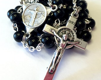 Black Obsidian Catholic Handmade Stone Rosary with Christ the Redeemer Center and St. Benedict Crucifix