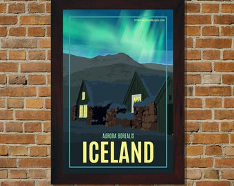 Iceland Aurora Borealis (Northern Lights) - Vintage Travel Poster