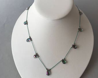 Mystic Quartz Necklace, Tin Cup Style, Silver beads, Silk