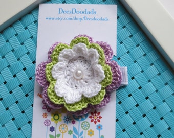 White Wasabi Green Lavender Crochet Flower Hair Clip
