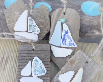 Beach Christmas Decorations, Nautical Christmas, Sail Boats & Driftwood, Christmas Gifts, Set of 4