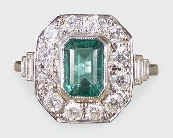 Contemporary, Art Deco Style Emerald and Diamond Cluster Ring in 18ct White Gold RG566