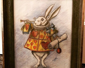 Framed original drawing white rabbit Alice in wonderland
