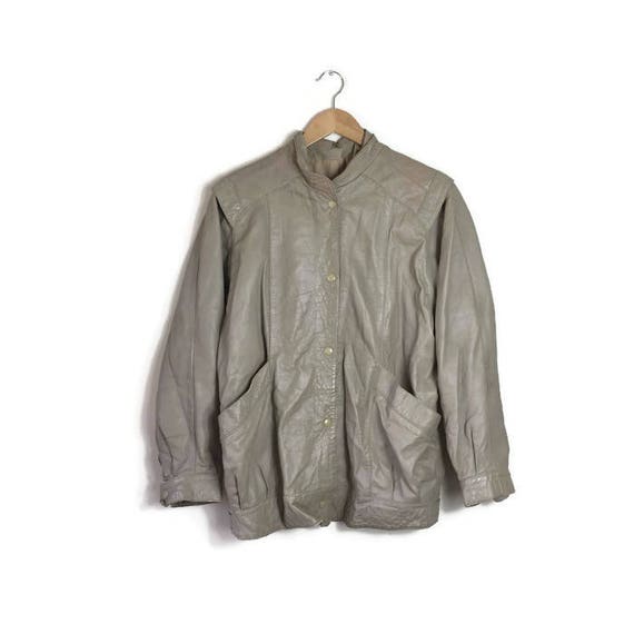 80s beige leather jacket / vintage womens leather jacket / boxy real leather jacket / stone leather jacket / boho worn in leather jackets