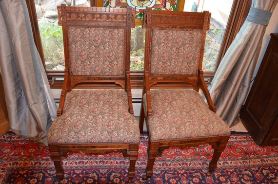 Pair Of Eastlake Antique Victorian Walnut Side Chairs Dining - Pair Of Eastlake Antique Victorian Walnut Side Chairs Dining