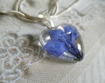 Royal Blue Lobelia Small Pressed Flower Glass Heart Pendant-Symbolizes Loyalty-Nature's Art-Gifts Under 26