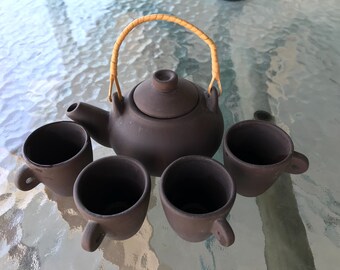 Miniature Brown Clay Tea Set- Teapot and 4 cups- Childs Tea set/small decor tea set. Unglazed,unmarked.