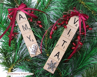 Personalized Scrabble Tile Ornament w/Pewter Charm - Stocking Stuffer - Co-Worker Gift