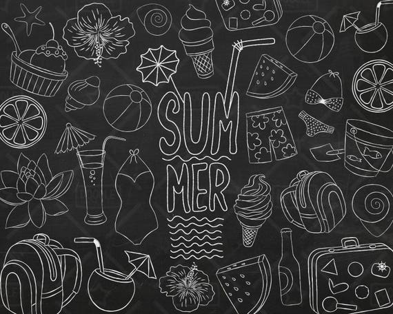 Download Chalkboard Summer Vector Pack, Beach Clipart, Summer Doodle, Vacation Clipart, Summer Icons ...