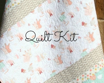 Girl Quilt Kit, DIY Project Baby Quilt Kit Bunnies Littlest Art Gallery Mint Green Coral Pink Gray Simple Easy Beginner Striped Pattern