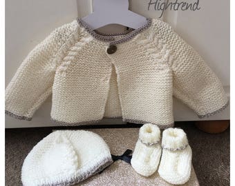 Baby cable cardigan hat and booties set