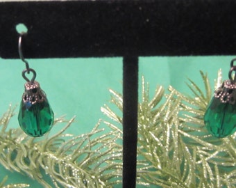 Glass Teardrop Earrings, Black Earrings, Green Earrings, Dangle Earrings, Hypoallergenic, Silver Earrings