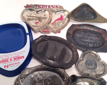 Seven Metal cigarette ash trays, ashtrays, plus 1 ceramic, Mixed Lot of 8 Pieces, Canada, New York, Indiana, Japan, Israel, retro