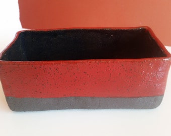 Japanese Style Red & Black Glazed Ceramic Ikebana Container. Slab-built BRT pottery vessel including FREE SHIPPING