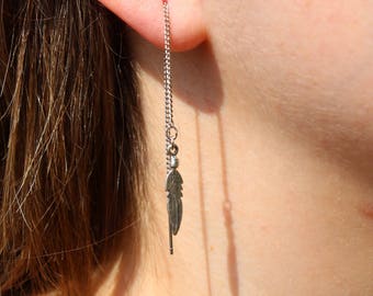 Sterling Silver Rhodium Coated Feathers Threader Earrings