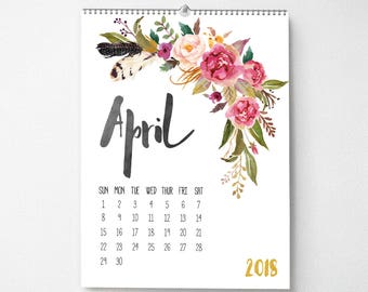 2018 Monthly Wall Calendar, 11x14, Wall Calendar, Watercolor Flower Gifts for Her (cal0001)