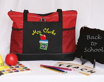 Personalized teacher tote bag ,graduation gift, honor and appreciation gift, red, blue, green, pink embroidered apple abc pencil side pocket