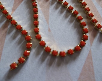 2mm Coral Red Rhinestone Chain - Brass Setting - Preciosa Czech Crystals