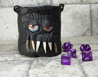 Dice Bag Marble Bag Fairy Pouch With Monster Face RPG LARP Drawstring Bag Rune Bag Magic The Gathering Gamer Gift Black Leather 825